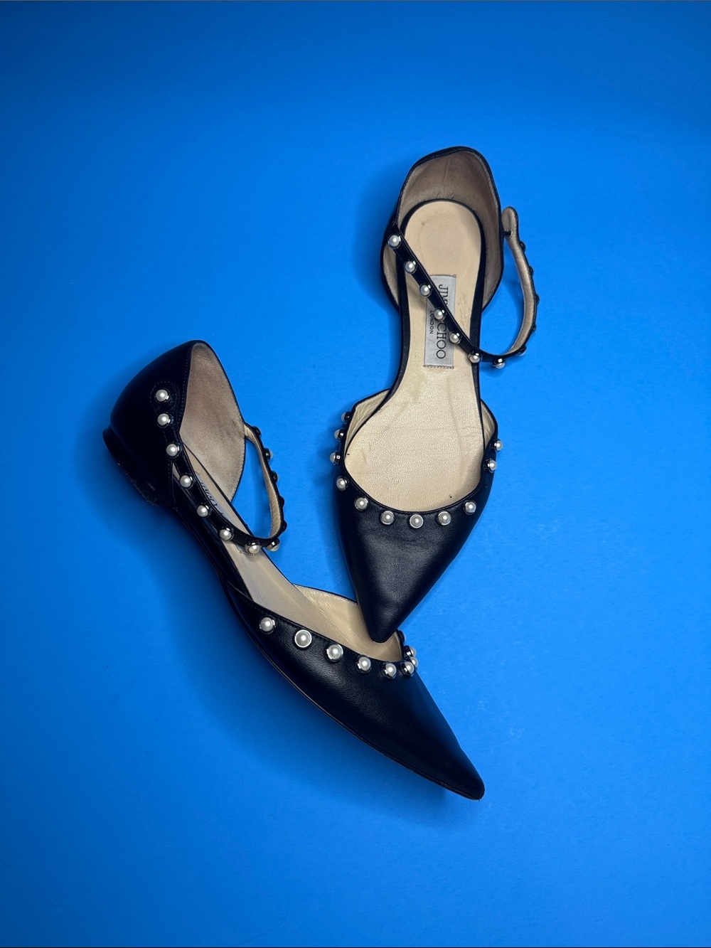 Jimmy Choo Black Leather Pearl Embellish Leema Ankle Strap Flats Size 38.5